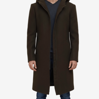Men’s Delbert Olive Wool Overcoat with Hood & Zip Front