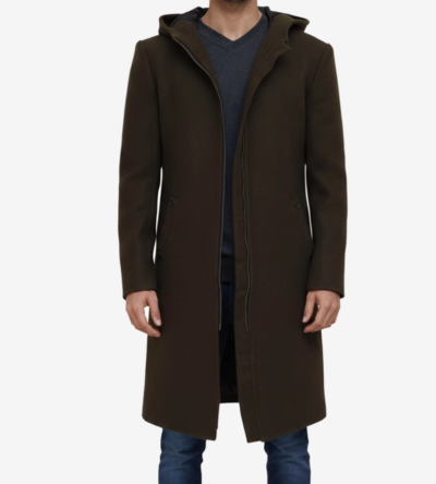 Men’s Delbert Olive Wool Overcoat with Hood & Zip Front