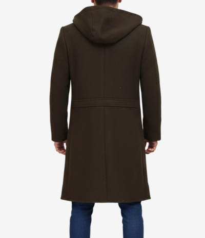 Men’s Delbert Olive Wool Overcoat with Hood & Zip Front