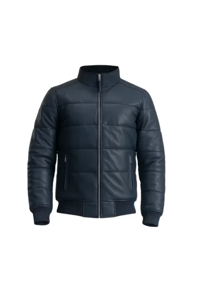 Men’s Navy Blue Quilted Bomber Leather Jacket