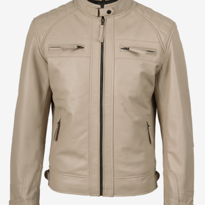 Men’s Quilted-Shoulder Beige Moto Leather Jacket