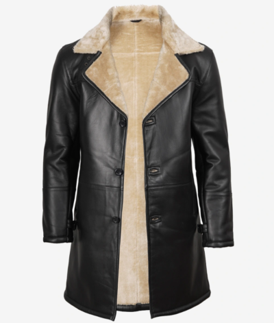Men’s Real Leather Mid-Length Black Shearling Coat