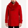 Men’s Red Wool Peacoat with Faux Fur Shawl Collar