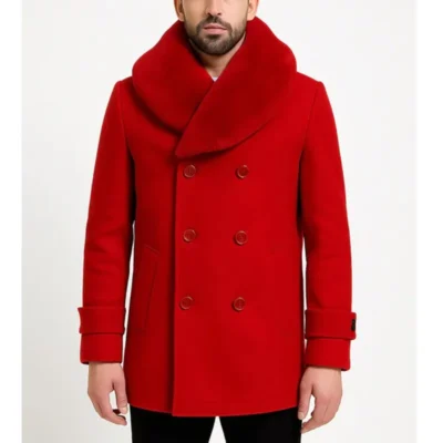 Men’s Red Wool Peacoat with Faux Fur Shawl Collar
