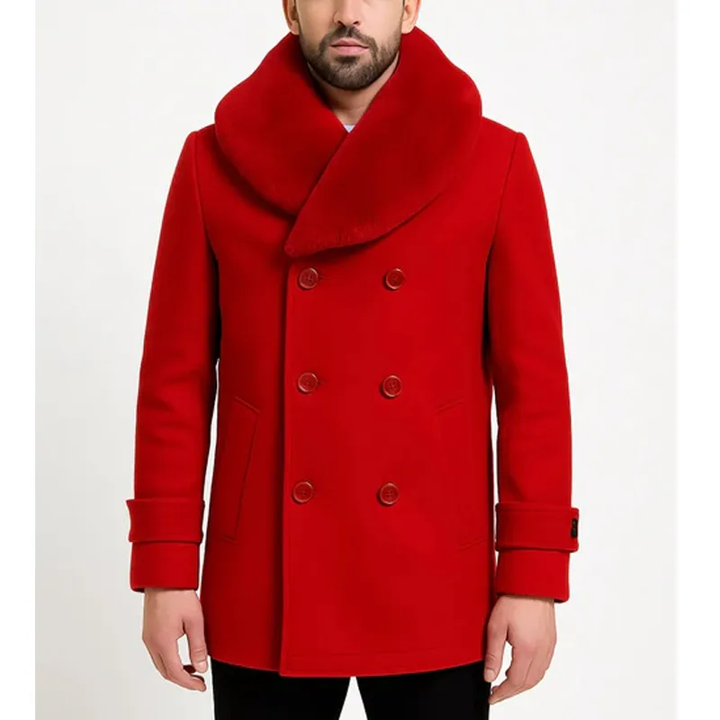 Men’s Red Wool Peacoat with Faux Fur Shawl Collar