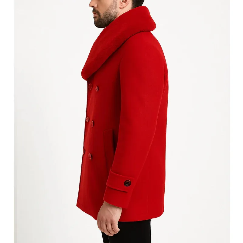 Men’s Red Wool Peacoat with Faux Fur Shawl Collar