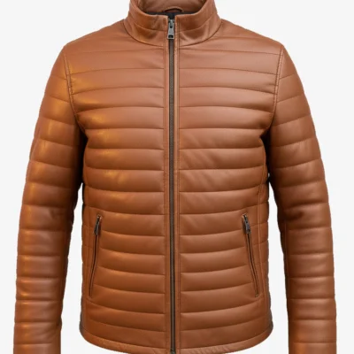 Men’s Retro Camel Leather Puffer Jacket