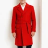 Men’s Wool Coat in Red with Adjustable Belt