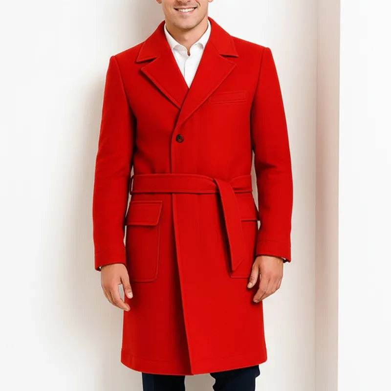 Men’s Wool Coat in Red with Adjustable Belt