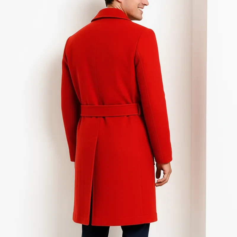 Men’s Wool Coat in Red with Adjustable Belt