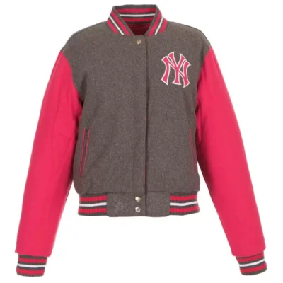 New-York-Yankees-Pink-Gray-Wool-Snap-Varsity-Jacket front
