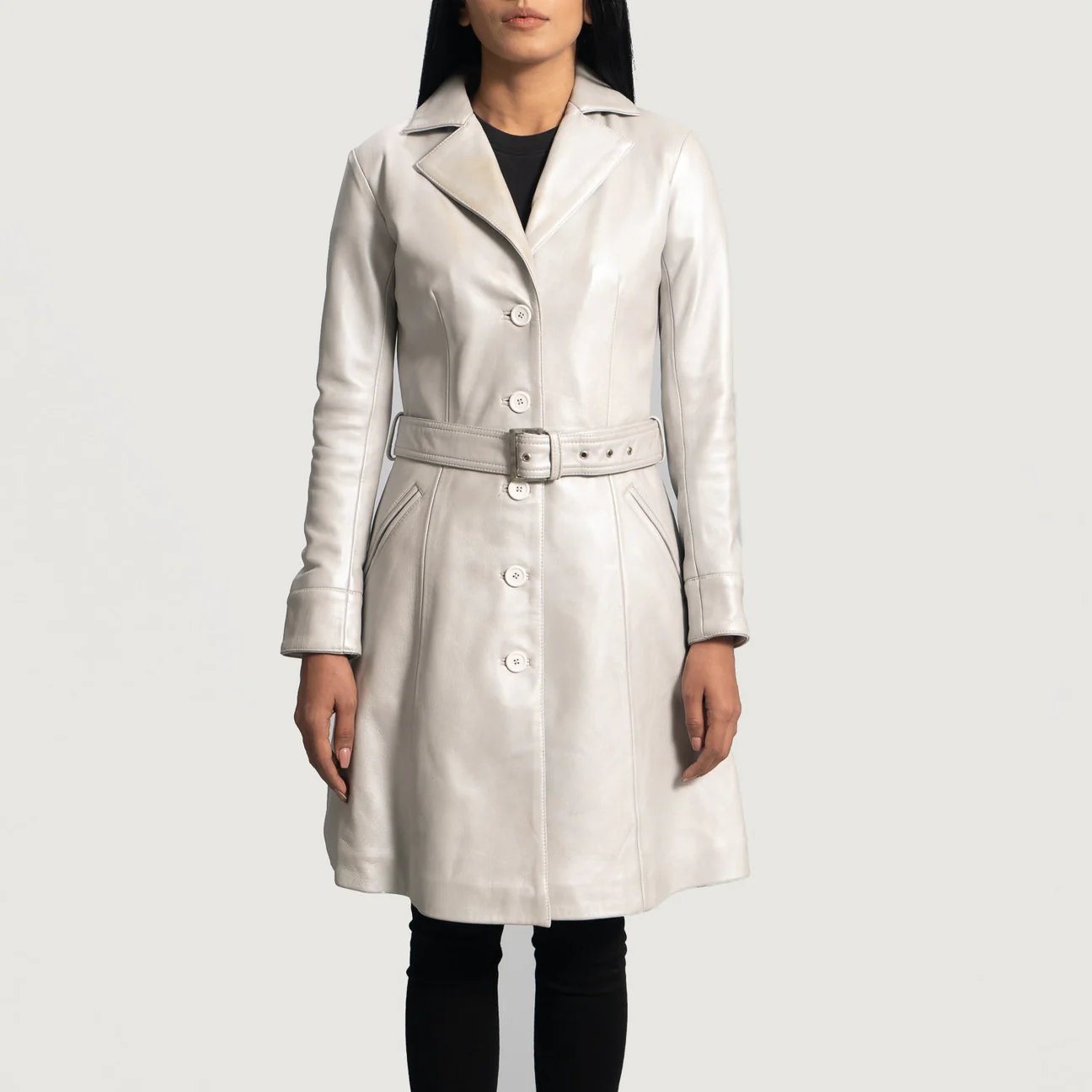 Premium Silver Leather Trench Overcoat