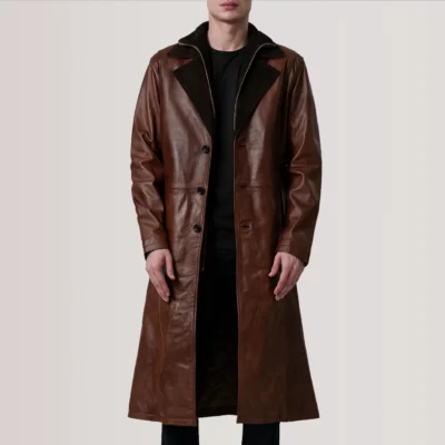 Premium Waxed Brown Leather Long Coat