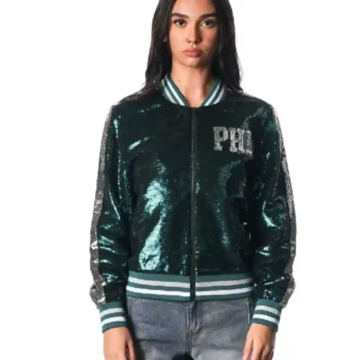 Shop-Womens-Philadelphia-Eagles-Green-Sequin-Bomber-Jacket front