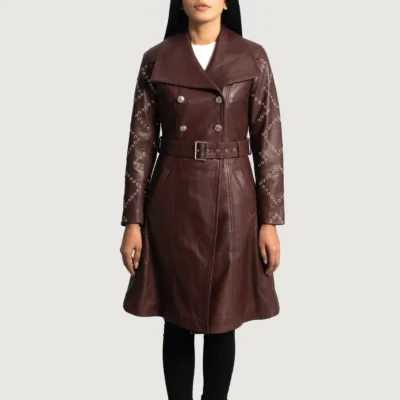 Sleek Maroon Leather Trench Coat