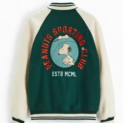 Snoopy Peanuts Patch Varsity Bomber Jacket For Sale