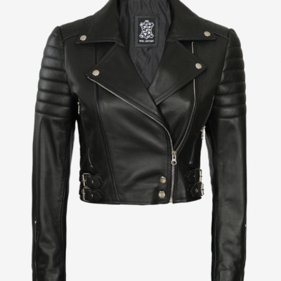 Women’s Asymmetric Black Biker-Style Cropped Leather Jacket
