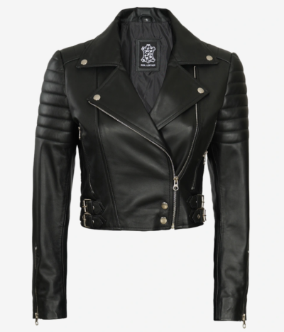 Women’s Asymmetric Black Biker-Style Cropped Leather Jacket