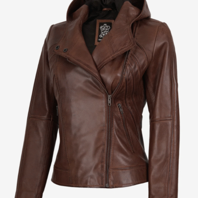 Women’s Asymmetric Cut Brown Leather Jacket with Hood