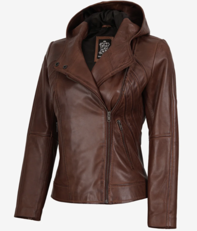 Womenās Asymmetric Cut Brown Leather Jacket with Hood