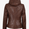 Women’s Asymmetric Cut Brown Leather Jacket with Hood