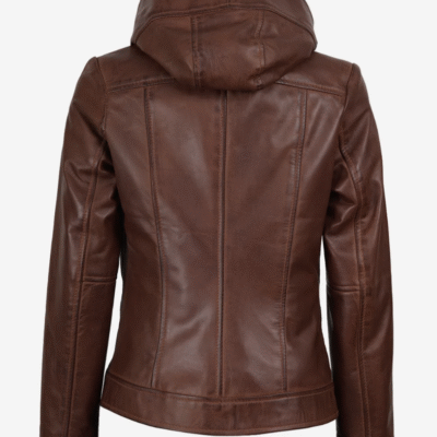 Women’s Asymmetric Cut Brown Leather Jacket with Hood