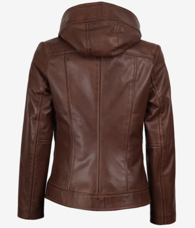 Women’s Asymmetric Cut Brown Leather Jacket with Hood