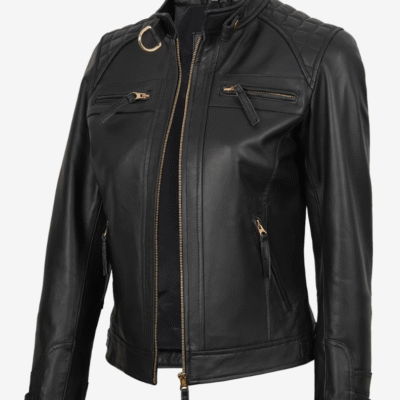 Women’s Black Leather Biker Jacket with Gold Accents