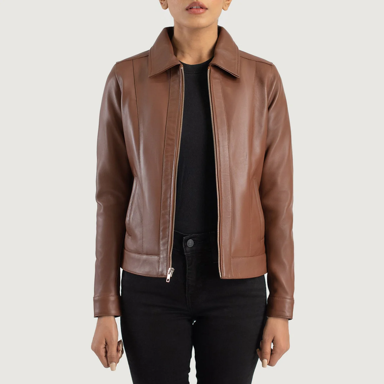 Women’s Brown Classic Collar Moto Leather Jacket