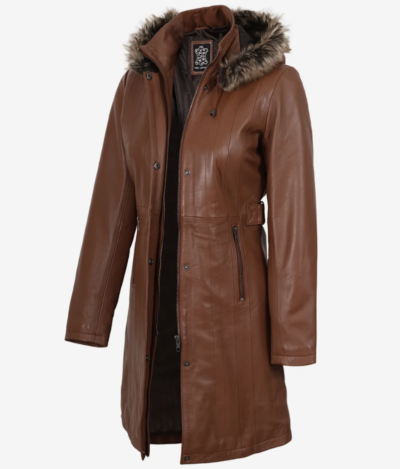 Womenās Mid-Length Real Leather Coat with Black Shearling