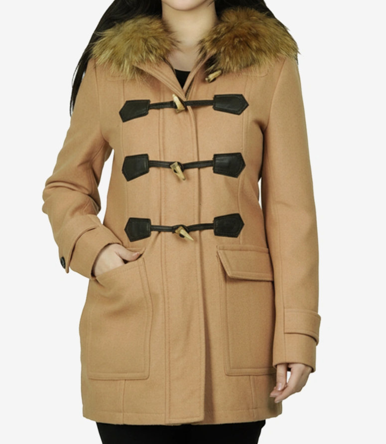 Women’s Camel Shearling Wool Duffle Coat with Hood
