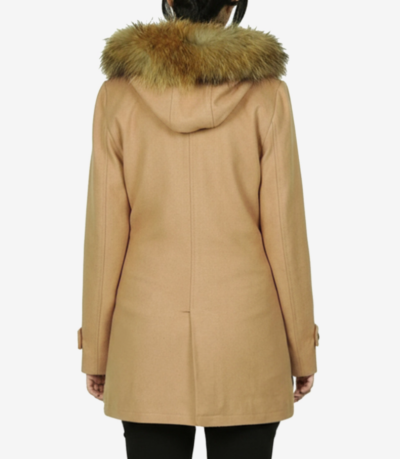 Women’s Camel Shearling Wool Duffle Coat with Hood