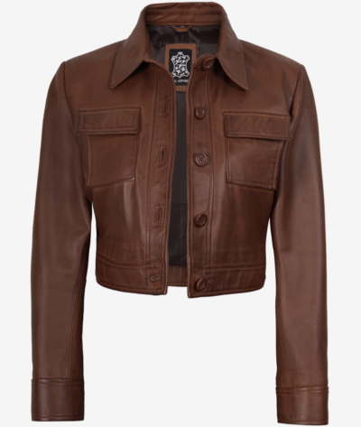 Women’s Chic Cognac Cropped Trucker-Style Leather Jacket