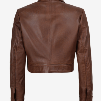 Women’s Chic Cognac Cropped Trucker-Style Leather Jacket