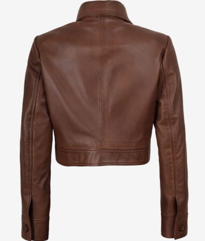 Women’s Chic Cognac Cropped Trucker-Style Leather Jacket