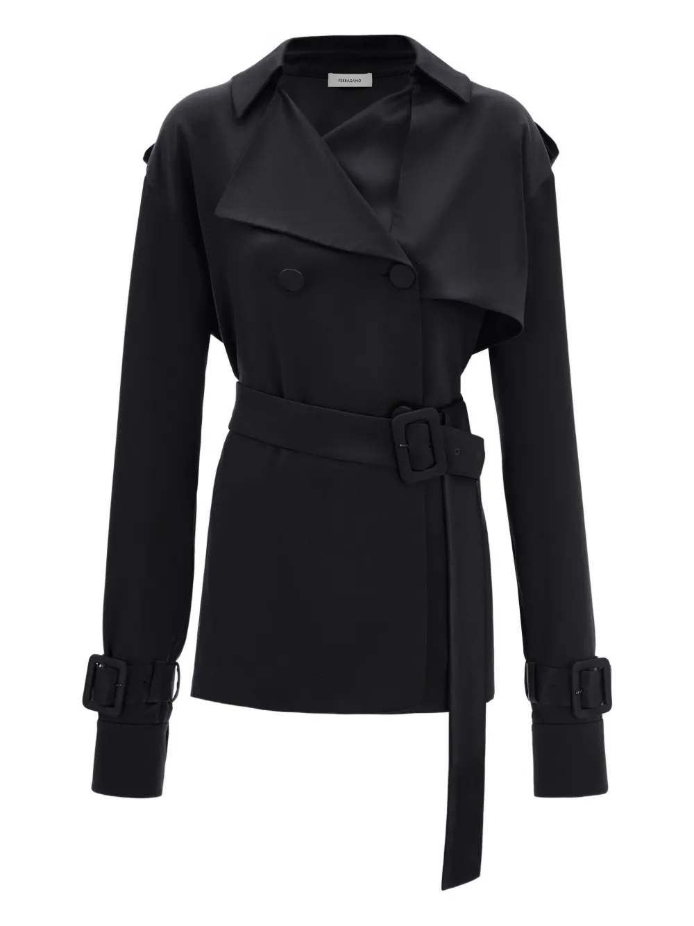 Women’s Elegant Black Satin Double-Breasted Trench Coat