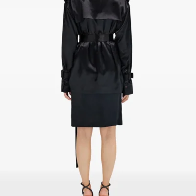 Women’s Elegant Black Satin Double-Breasted Trench Coat