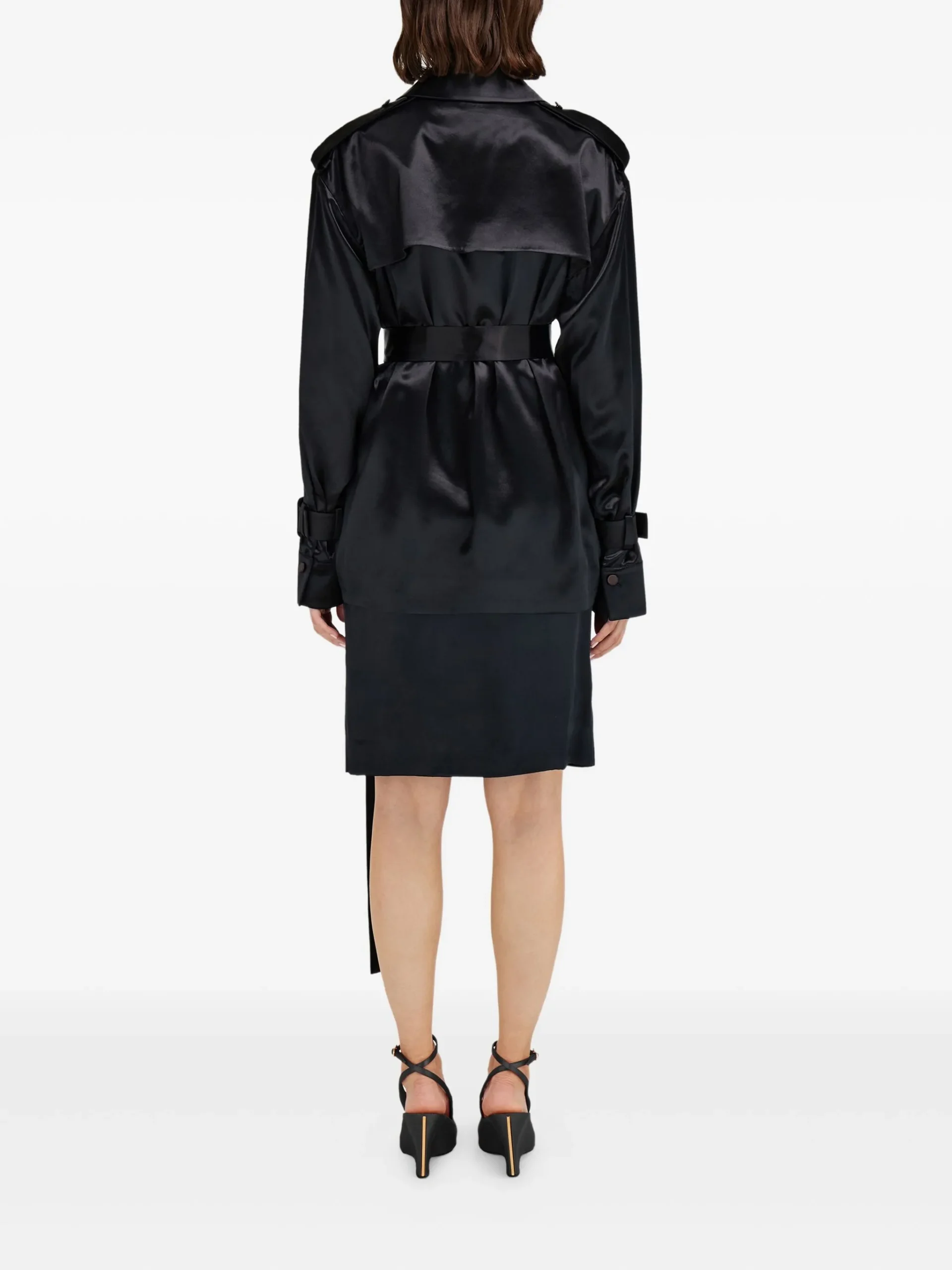 Women’s Elegant Black Satin Double-Breasted Trench Coat