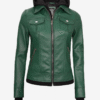 Women’s Green Moto Bomber Leather Jacket with Zip-Off Hood