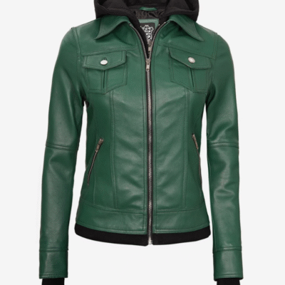 Women’s Green Moto Bomber Leather Jacket with Zip-Off Hood