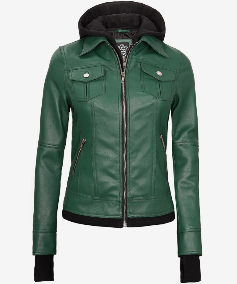 Women’s Green Moto Bomber Leather Jacket with Zip-Off Hood