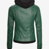 Women’s Green Moto Bomber Leather Jacket with Zip-Off Hood