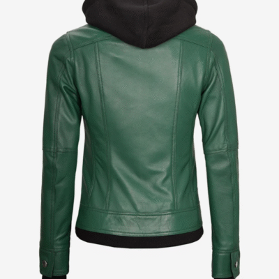Women’s Green Moto Bomber Leather Jacket with Zip-Off Hood