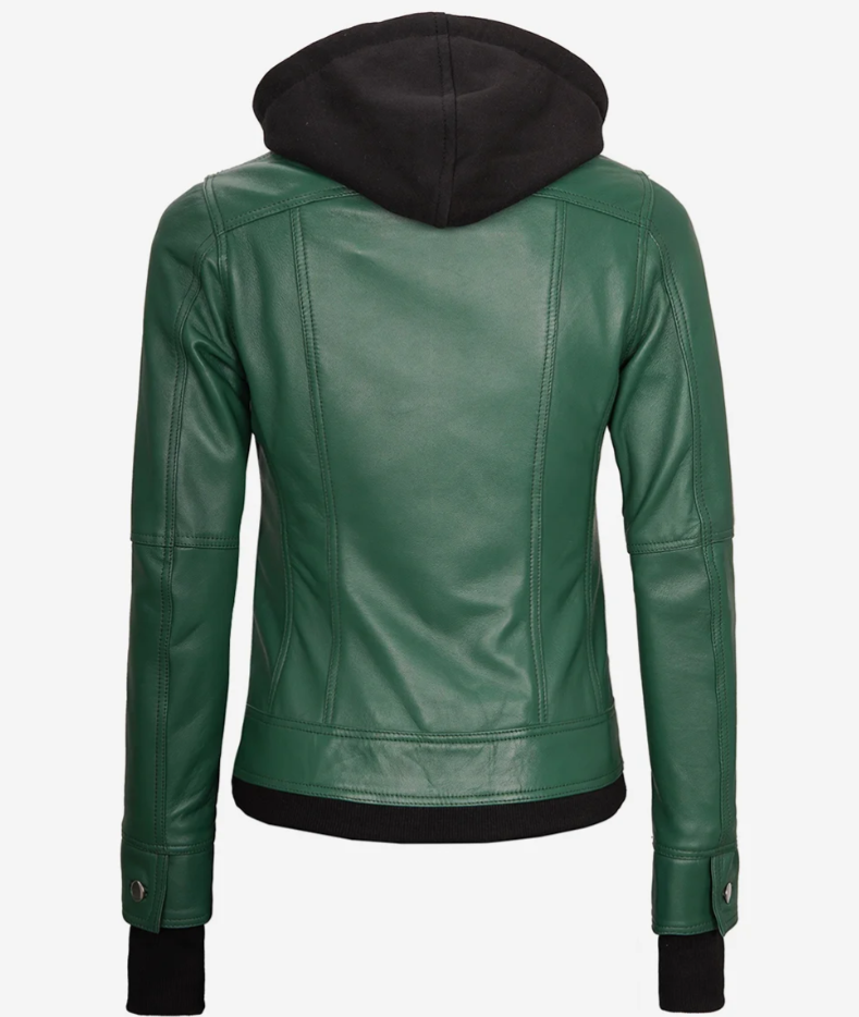 Women’s Green Moto Bomber Leather Jacket with Zip-Off Hood