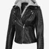 Women’s Hooded Asymmetrical Black Biker Leather Jacket