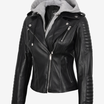 Women’s Hooded Asymmetrical Black Biker Leather Jacket