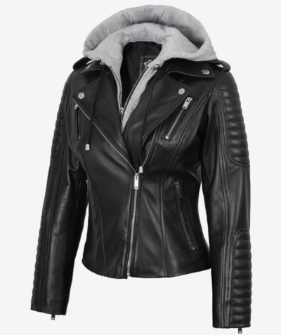 Women’s Hooded Asymmetrical Black Biker Leather Jacket