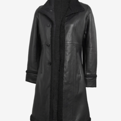 Women’s Mid-Length Real Leather Coat with Black Shearling