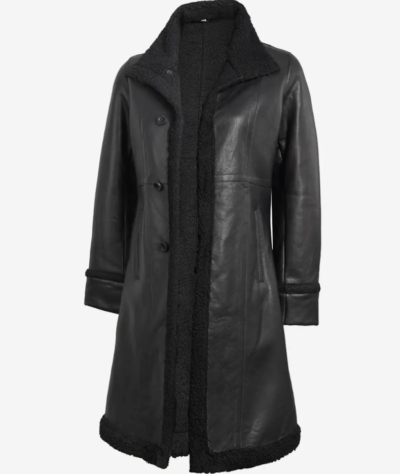 Women’s Mid-Length Real Leather Coat with Black Shearling