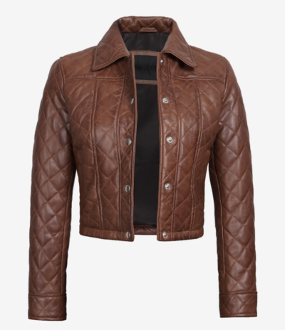 Women’s Quilted Cognac Leather Crop Jacket